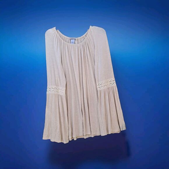 New Directions Weekend Boho Peasant Flowy Crochet Bell Sleeved Oatmeal Top XL - Picture 2 of 16